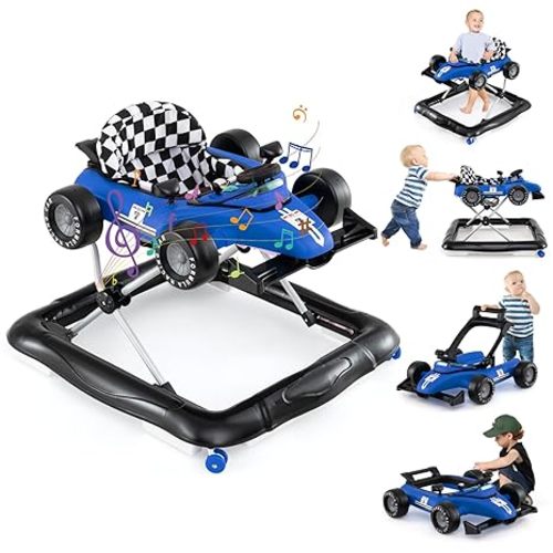 HONEY JOY Baby Walker, 4-in-1 Foldable Infant Activity Push Walker, Toddler Car Walker with Adjustable Heights, Music, Lights, Padded Seat, Baby Walker with Wheels for Boys Girls 6-18 Months (Blue)
