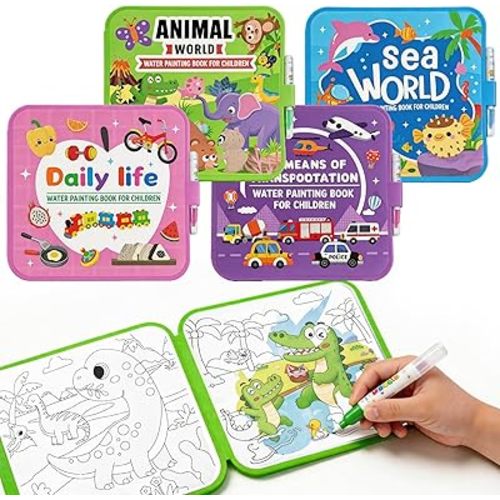 SAMZX Reusable Water Coloring Books for Toddlers 1-3, 4 Pack Magic Water Painting Book for Mess-Free Coloring, Travel Activity Toys & Educational Learning Kits Gifts for Kids Boys Girls Ages 3+