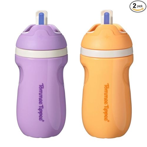 Tommee Tippee Insulated Sporty Spill-Proof 9oz Straw Training Sippy Cups for Toddlers 1-3, Sporty Carry Handle, Bite Resistant Spout, Flip Lid Keeps Straw Clean, BPA Free, Purple and Orange, Pack of 2