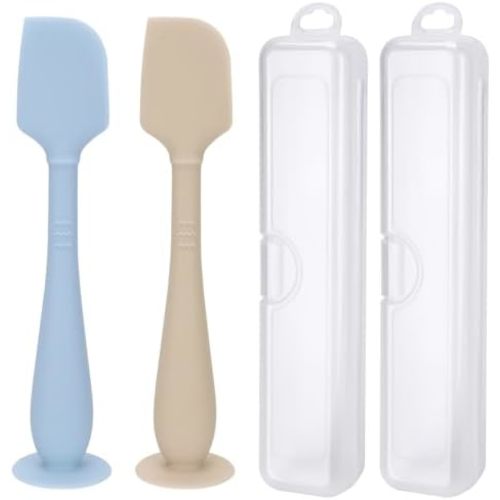 2 Pack Diaper Cream Spatula with Hygienic Travel Case, Butt Spatula Baby with Suction Base, Baby Butt Paste Spatula, Soft Silicone Diaper Rash Cream Applicator Large Size (Blue & Offwhite)