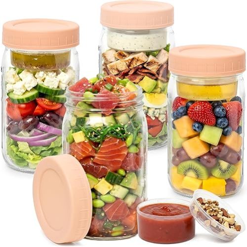 4 Pack Glass Salad Jars with Lids for Meal Prep, Leakproof Container with Two Small Built in Cups for Wet/Dry Separation for Salad Dressing and Ingredients, 32oz Mason Jars (Brown/Beige)