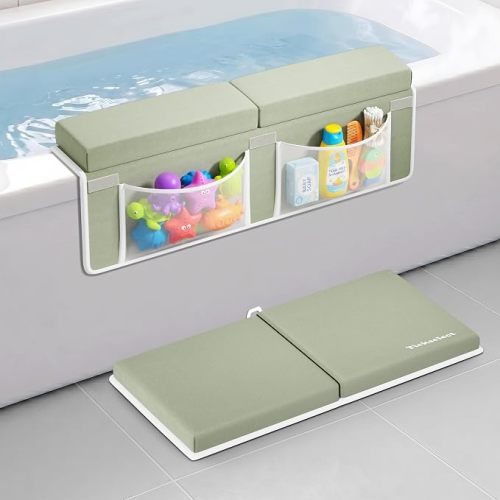 Bath Kneeler and Elbow Rest Pad Set-Baby Bath Kneeler with 1.5'' Comfortable Thick Memory Foam, Non-Slip Knee & Arm Support for Baby Bath Time,Foldable Bath Mat for Baby Storage Pockets (Green)