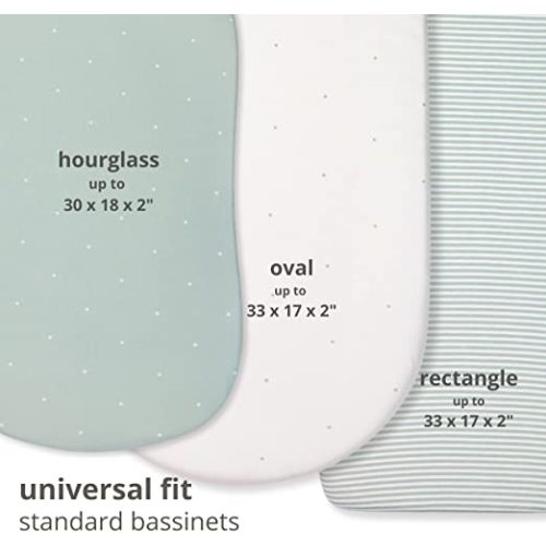 POPPI & MAX 100% Organic Cotton Bassinet Sheets for Boy Girl | 3-Pack Premium Jersey Bassinet Sheet Set | Fitted Baby Sheets for Standard Bassinet Pads | Bassinet Cover | Misty Sage Star Spot Stripe - 32 x 16 x 4"