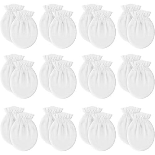 12 Pairs Newborn Baby Mittens,Unisex-Baby No Scratch Mittens,100% Cotton White Mittens for Baby 0-6 Months