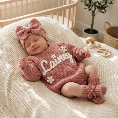 Custom Embroidered Baby Name Sweater: Personalized Newborn Coming Home Outfit | 4 Piece Gift Set