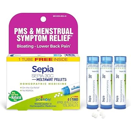 Boiron Sepia 30C Homeopathic Medicine for PMS and Menstrual Symptom Relief - Bloating and Lower Back Pain During Menstruation - 3 Count (240 Pellets)