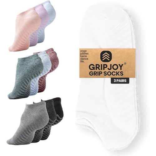 Gripjoy Grip Socks 3-Pack, Non Slip Socks for Yoga, Pilates, Barre, Dance, Enhanced Stability, Machine Washable, Comfortable Cotton Blend, Supports Charitable Causes