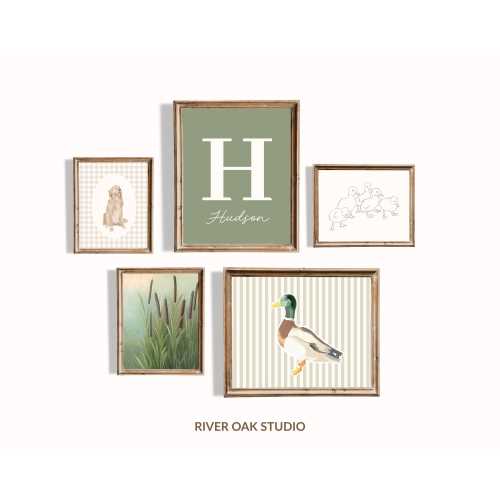 Vintage Duck Nursery Art Prints Set of 5 Gallery Wall with Custom Name Sign, Golden Retriever Dog Gingham Green Beige Boy Room Decor