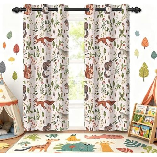 Forest Animals Wildflower Nursery Blackout Curtains for Kids Room, Rustic Squirrel Rabbit Print with Grommets Window Drapes Darkening Curtains for Bedroom Living Room 2 Panels Set, 42x84 Inch