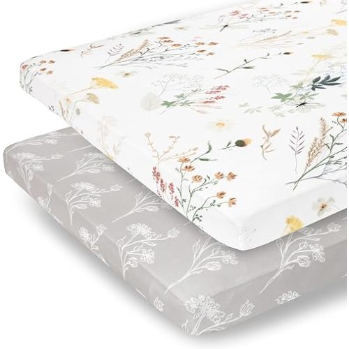 Pobibaby - 2 Pack Premium Pack N Play Sheets Fitted for Standard Pack and Plays and Mini Cribs - Ultra-Soft Jersey Knit, Stylish Floral Pattern, Safe and Snug for Baby (Wildflower)