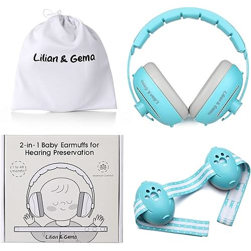 Lilian&Gema 2-in-1 Baby Ear Muffs Noise Protection, Adjustable Headphones with Stretchy Band, Noise Cancelling for Toddler up to 4 Years, Airplane Essentials/Outdoor, Blue