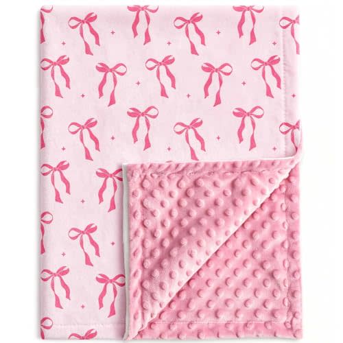 30"x40" Pink Bow Pattern Baby Blanket for Newborns, Dot Print Backing | Layer Receiving Blanket, Ideal for Nursery, Crib, Car Seat, Swaddling