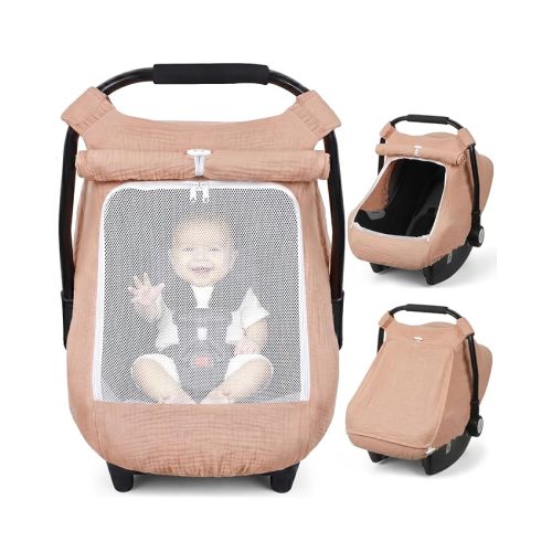 Rquite Car Seat Cover Baby, Muslin Infant Carseat Canopy with Mesh Window