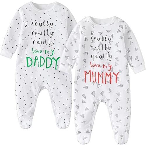 AOMOMO Baby Footed Pajamas 2 Pack, 100% Cotton Sleep and Play Outfits with Snaps, I Love Mummy Daddy Baby Clothes