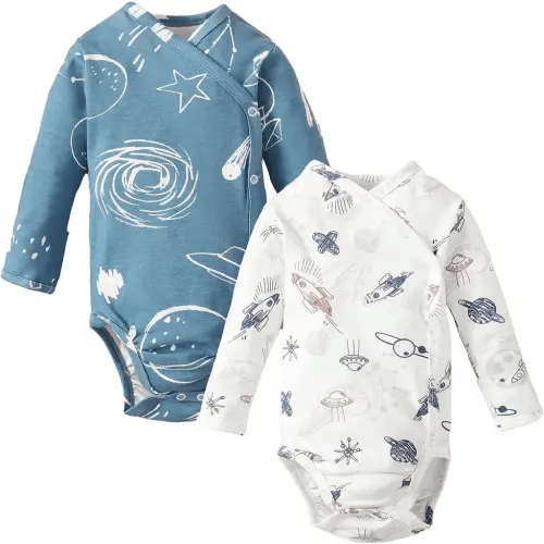 Baby Side Snap Bodysuit Kimono Onsies Boy Girl Pack 100% Cotton Basic Pattern Kimono Bodysuits - 0-3 Months