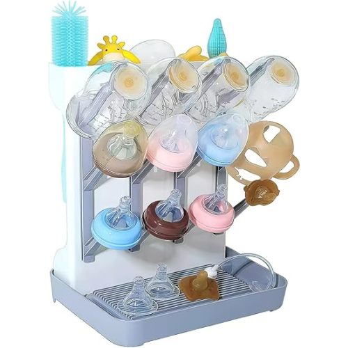 Baby Bottle Drying Rack: Large Vertical Bottle Dryer Rack Holder - Space Saving Standing Drying Rack for Baby Bottles and Pump Part Cleaning (Grey)