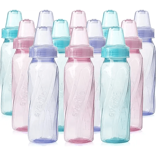 Evenflo Feeding Classic Tinted Plastic Standard Neck Bottles for Baby, Infant and Newborn, Pink/Lavender/Teal, 8 Ounce (Pack of 12)