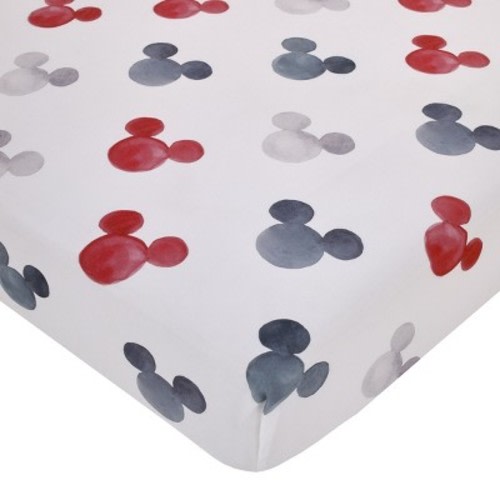 NoJo Disney Mickey Mouse - Black, White, Gray and Red Watercolor Mickey Ears Nursery Fitted Crib Sheet