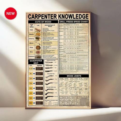 Carpenter Knowledge Poster – Woodworking Tools Guide – Vintage Carpentry Wall Art – Construction Worker Gift – Workshop or Garage Decor