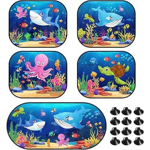 5 Pcs Car Sunshade for Baby Window Shades for Car Baby Car Shades for Side Windows Ocean Style 17 x 14 Inch Car Window Shades with 12 Suction Cups Sun and Uv Protection for Child Kids