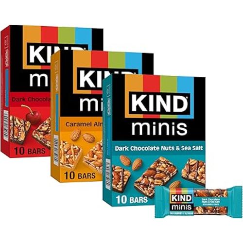 KIND Bar Minis, Variety Pack, Dark Chocolate Nuts and Sea Salt, Caramel Almond Sea Salt, Dark Chocolate Cherry Cashew Healthy Snacks, Gluten Free, Low Calorie Snacks, Low Sugar, 30 Count
