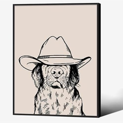 Black and White Western Dog Wall Art Vintage Cowboy Hat Animal Poster 12x16 inch Black Framed Trendy Minimalist Cool Canvas Prints for Country Living Room Wall Decor
