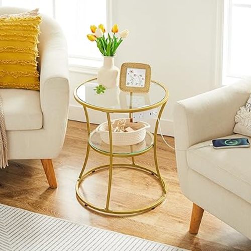 HOOBRO Round Coffee End Table with Charging Station, 2-Tier Small Accent Side Table with Glass Tabletop, Round Nightstand for Small Space in Living Room, Bedroom, Gold GD83UBZ01