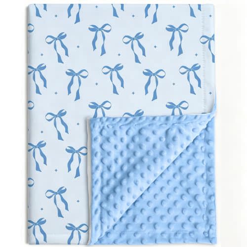 Blue Bow Pattern Baby Blanket for Newborns 30"x40" with Polka Dot Backing | Soft Nursery Crib Blanket for Infant Car Seat Swaddle & Newborn Nursery Room