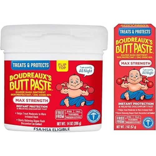 Boudreaux’s Butt Paste Max Strength Diaper Rash Cream for Baby, Ointment With Zinc Oxide, 2 oz Tube & 14 oz Jar