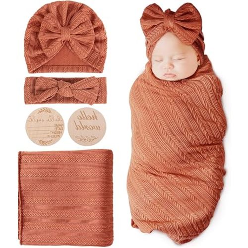 AQOKKA Newborn Receiving Blanket Wheat Ear Bow Hat Hairband Set