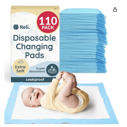 Reli. Disposable Changing Pads for Baby (110 Pack) | Disposable Diaper Changing Pads, 13" x 18" | Super Absorbent, Leak-Proof Liners | Waterproof, Quick Dry Underpads (Blue/White)