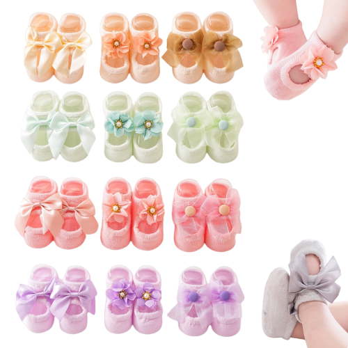 Baby Ballet Socks, 12Pair Socks Shoes for Baby Girls, Newborn Toddler Cotton Lace Bowknot Flower Non-skid Walker Sock (12 Pairs,Small)