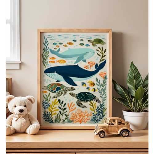 Under the Sea Nursery Wall Art, Ocean Animal Illustration, Whale and Turtle Kids Room Decor, Coastal Baby Room Print, Sea Life Poster