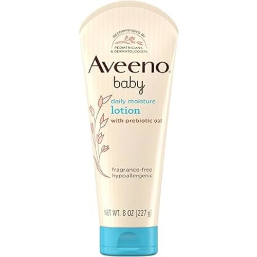 Aveeno Baby Daily Moisture Body Lotion for Sensitive Skin, Hypoallergenic Moisturizing Baby Lotion with Nourishing Oatmeal to Deeply Moisturize Baby's Skin, Fragrance-Free, 8 fl. oz