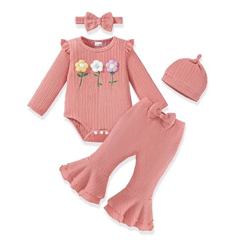 Vibebox Baby Girl Clothes Fall Winter Coming Home Outfits Preemie-12 Months | Newborn Girls Long Sleeve Ruffle Romper Bell Bottom Pants, Infant Clothing Sets Headband Hat, Snap Closures for Easy Changes