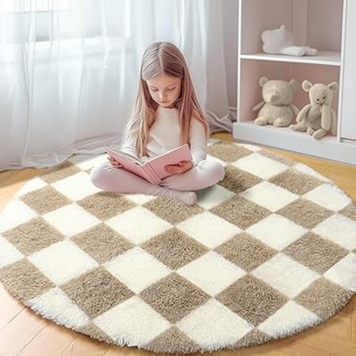 KICMOR Round Rugs 5ft for Bedroom Living Room, Fluffy Soft Circle Area Rug Fuzzy Shag Shaggy Carpet, Beige and Cream White Checkered Circular Rug for Kids Girls Boys Nursery Home Decor Aesthetic