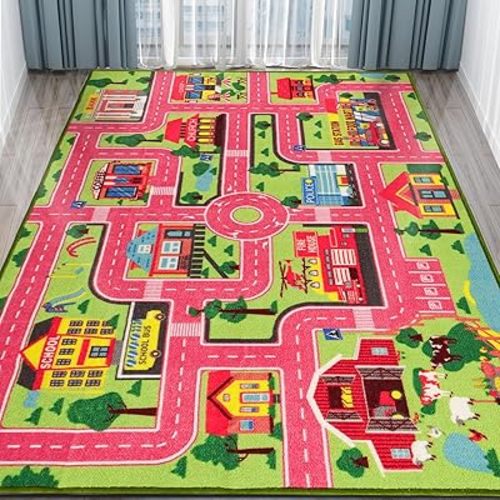 Kids Carpet Playmat Rug 78.7"x59", Car Rug for Kids Cars, Non-Slip Town City Road Map Kids Rug for Playroom Bedroom Boys, Kids Cars Road Rugs, Track Carpets (78.7X59Inch,Pink)
