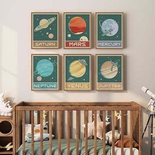 Framed Vintage Space Wall Art Set for Nursery Decor, Retro Space Themed Canvas Prints Bedroom Decor, Solar System Planet Galaxy Pictures for Boys Girls Room Playroom Classroom Wall Decor, 11x14 Inch