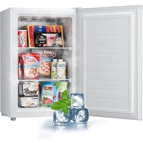 Upstreman 3.0 Cu.ft Small Mini Freezer Upright Freezer with Reversible Door, Fast Cooling, 5 Adjustable Thermostat, Stand Up Freezers with Ice Trays Defrosting Tools for Home, Dorm (White)
