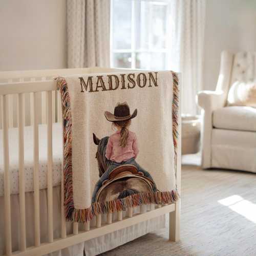 Personalized Cowgirl Baby Blanket, Custom Girl Horseback Nursery Throw Name, Cowgirl Baby Shower Gift Western Blanket, Baby Girl Keepsake