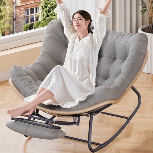 LEMODOR Patio Outdoor Rocking Chair with Foot Rest, Oversized Cozy Comfy Kids Reading Nook Chair with Ottoman for Bedroom Porch Balcony, Rocker Chaise Lounge Chair Indoor (Light Gray)