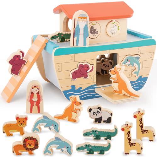 HERSITY Wooden Noah's Ark Toy for Montessori Learning 1 Year Old Baby Boy and Girl, Baptism Gift Wooden Animal Shape Sorter First Birthday Presents for Toddlers 1-3