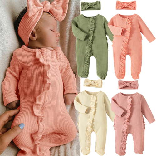 Mepaouo Newborn Baby Girl Clothes Zip Up Ruffle Knit One Piece Romper Infant Jumpsuit Outfits with Headwear 0-3M