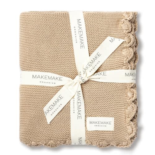 MakeMake Organics GOTS Certified Organic Cotton Baby Blanket - Newborn Modern Knit, Breathable Unisex Stroller Blanket for Boys and Girls (30x40, Sand)