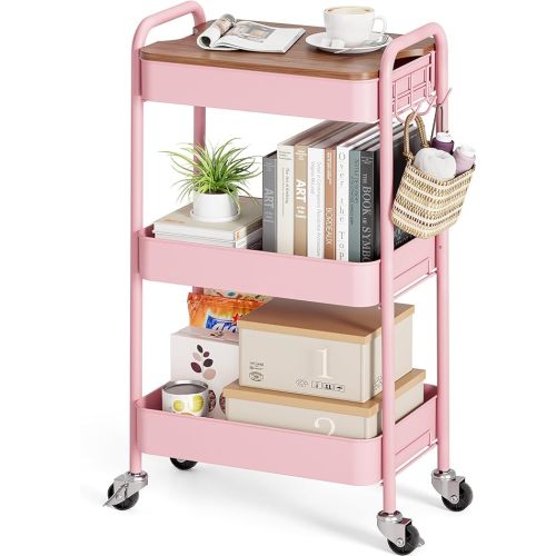 TOOLF 3-Tier Rolling Cart with Table Top, Metal Storage Cart on Wheels, Utility Organizer with Wooden Tray, Lockable Casters, Easy Assembly for Bathroom, Living Room, Office, Bedside, Pink