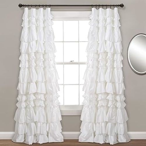 Lush Decor Kemmy Light Filtering Window Curtain Panel Single 52" W x 84" L White - Drapes - Ruffled Curtains for Bedroom - White Curtains - Coquette Decor