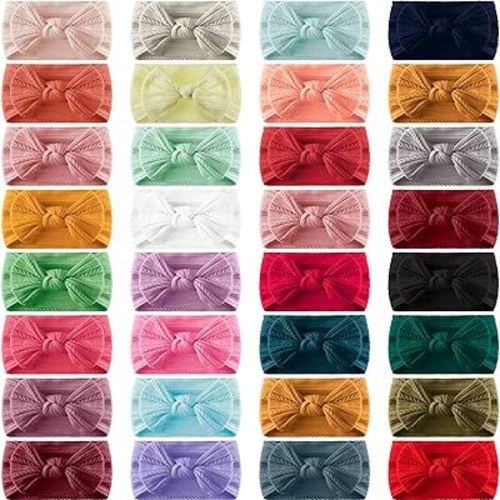 Janinka 32 Pcs Baby Nylon Headbands Hairbands with Bows Elastics Handmade Hair Accessories Stretchy Headband Jacquard Design for Newborn Infant Baby Girls Toddlers Kids