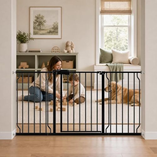 WAOWAO 57.48-62.20" Extra Wide Baby Gate Pressure Mounted 30" Tall Black | Extra-Wide,Double-Lock,Pressure/Hardware-Mount,Auto-Close,One-Hand Operation,Walk-Through,Fits Indoor Doorways&Kitchen
