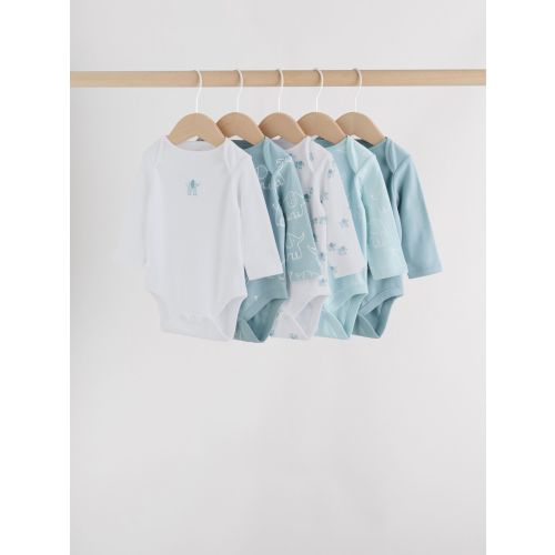Blue Baby Elephant Long Sleeved Bodysuits 5 Pack