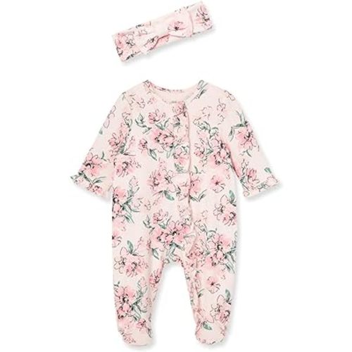 Little Me Baby Girls 100% Cotton 2-piece Zipper Closure Footie and Headband Set